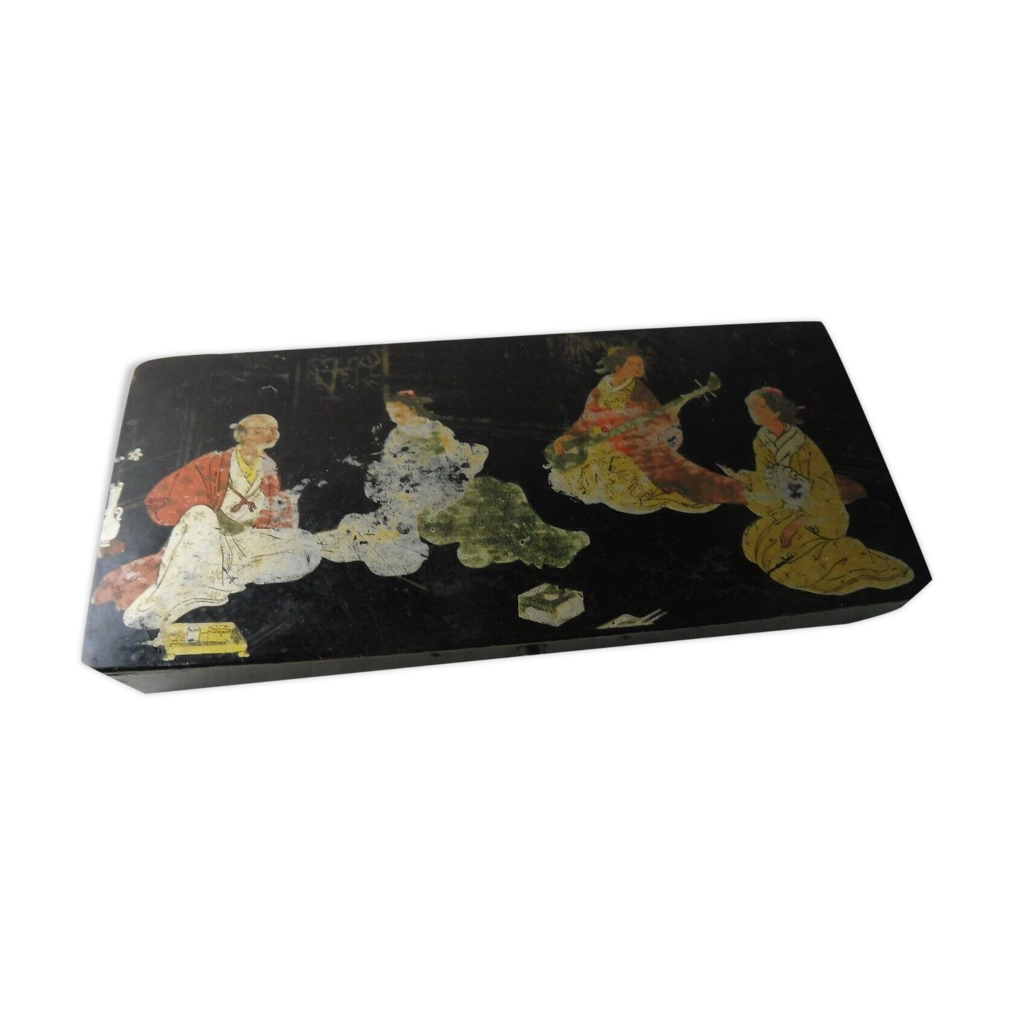Old pen tray, Asian scene, in paper maché / boiled cardboard, Napoleon III