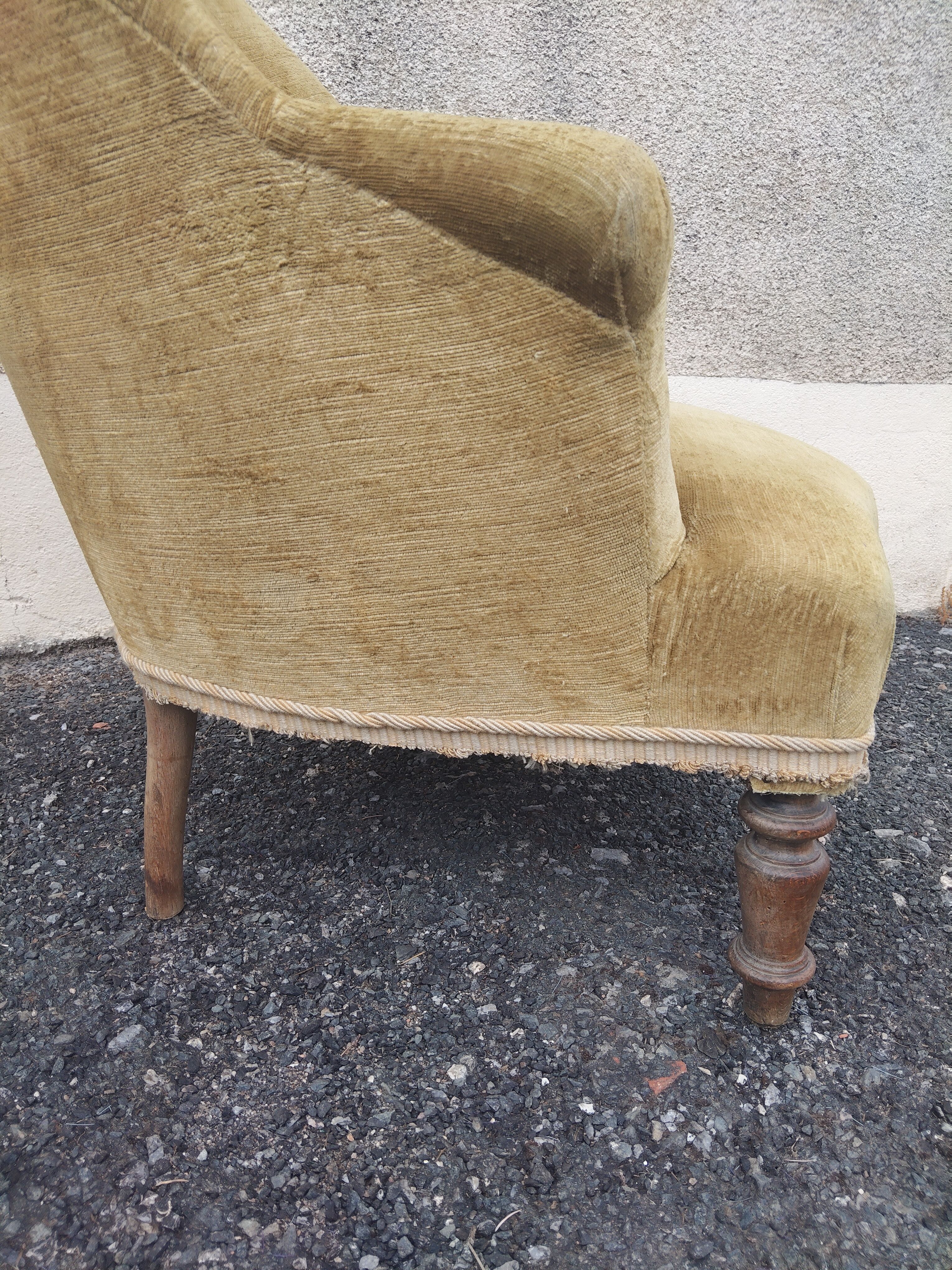 Antique Napoleon III crab chair in patinated mustard velvet.