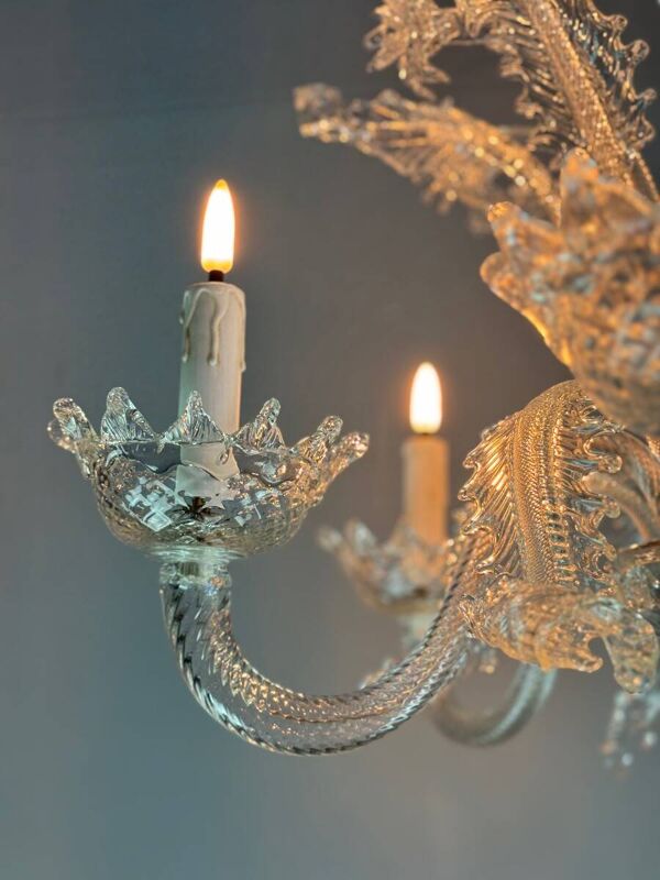 Lustre vénitien en verre de Murano incolore 6 bras de lumière vers 1940