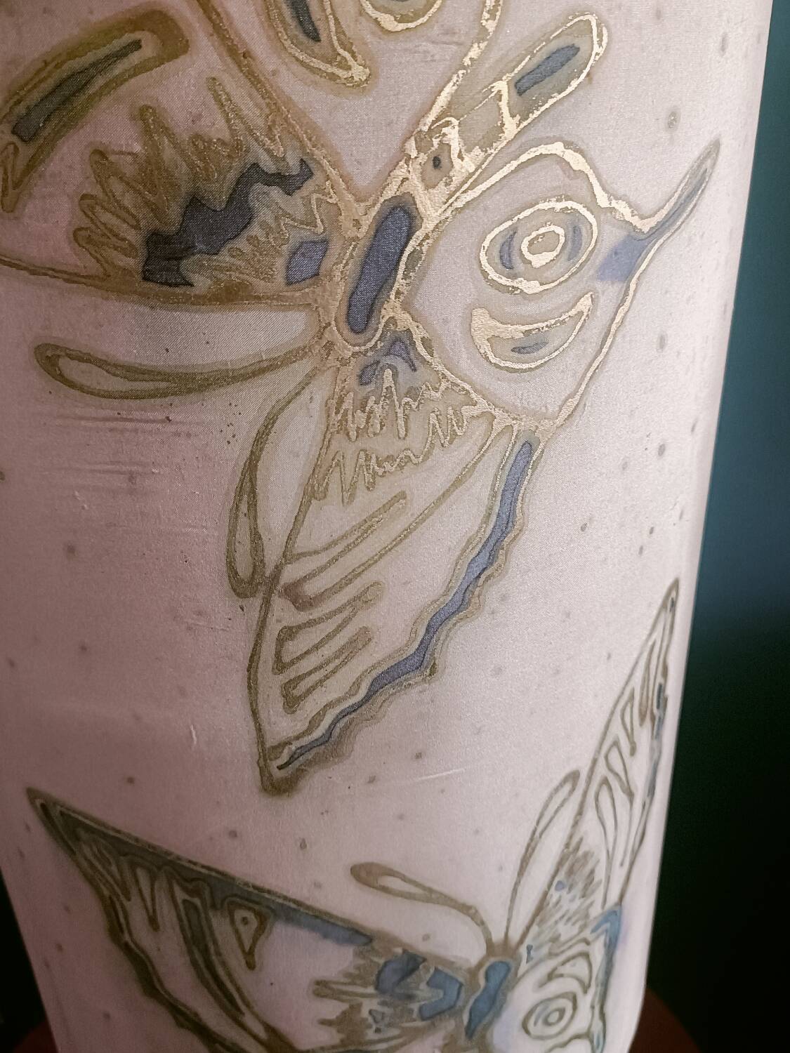 Turned wood lamp and silk lampshade
