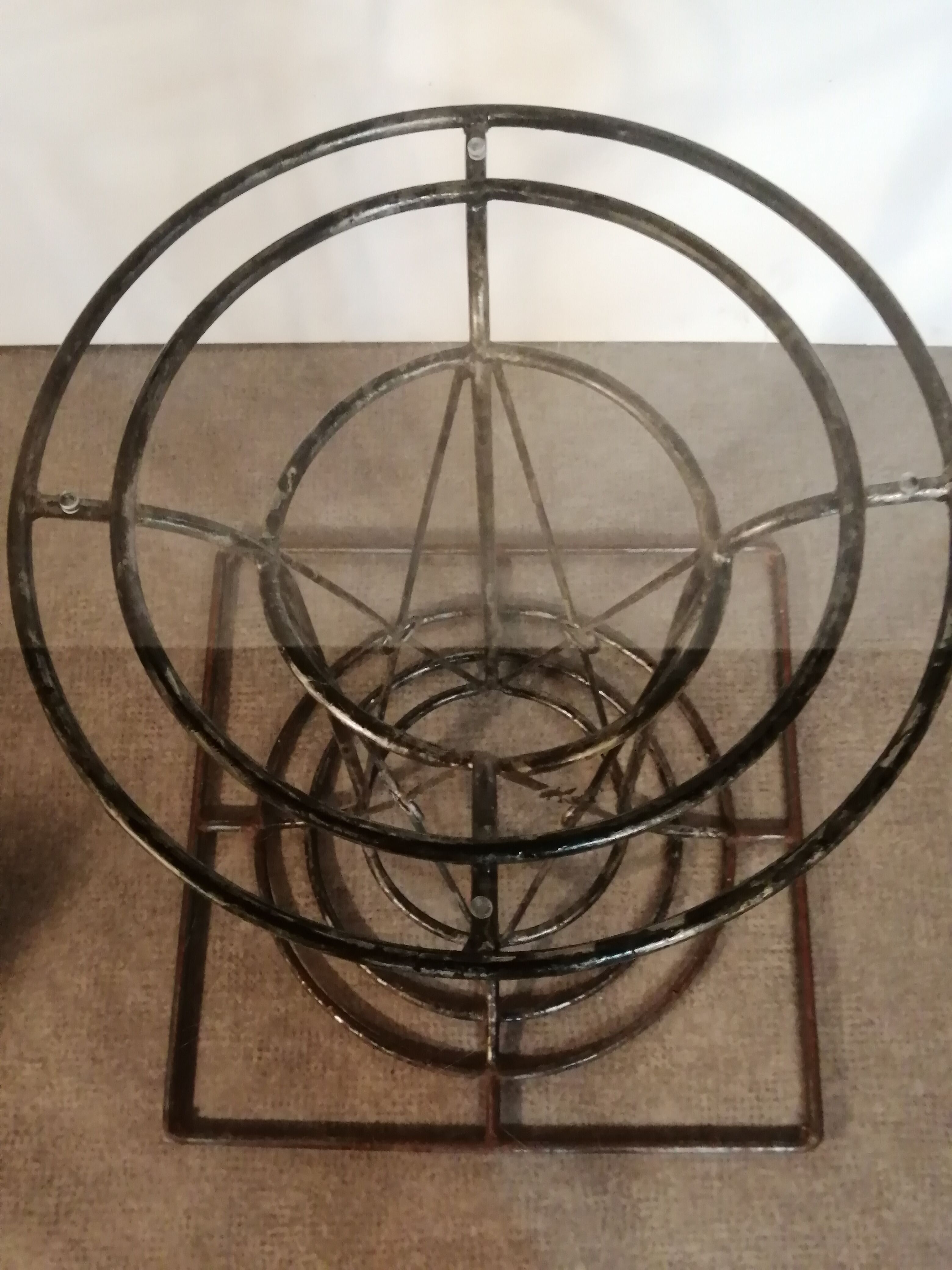 Wrought iron dining table with beveled round glass top, vintage 1980