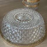 Salad bowl and cups in cut glass and brass