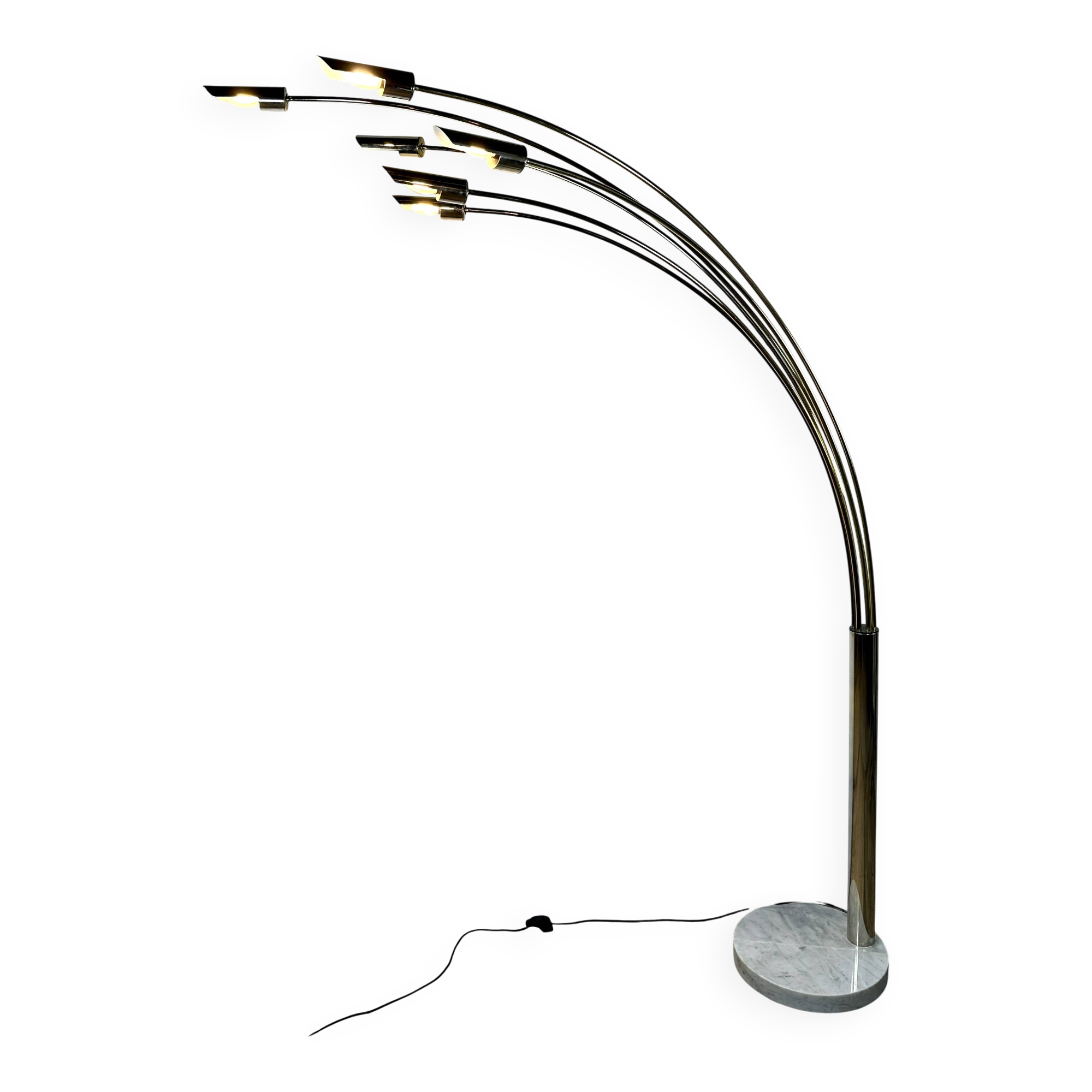 Italian Arc floor lamp with 6 lights in gold brass, 1970s.