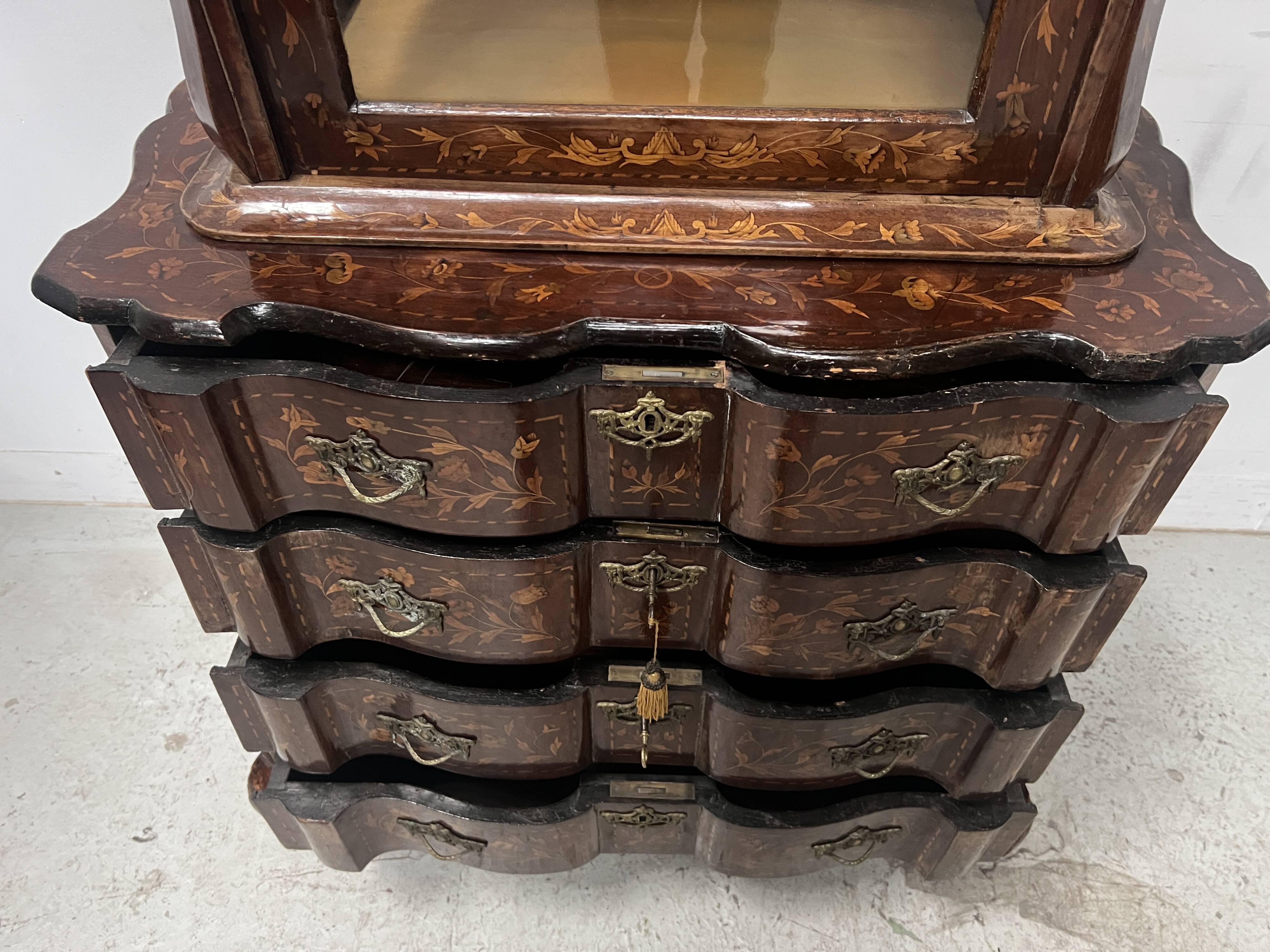 Dutch display cabinet in two parts made of marquetry wood.