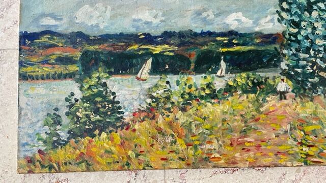 Oil on canvas landscape with 2 boats