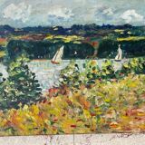 Oil on canvas landscape with 2 boats