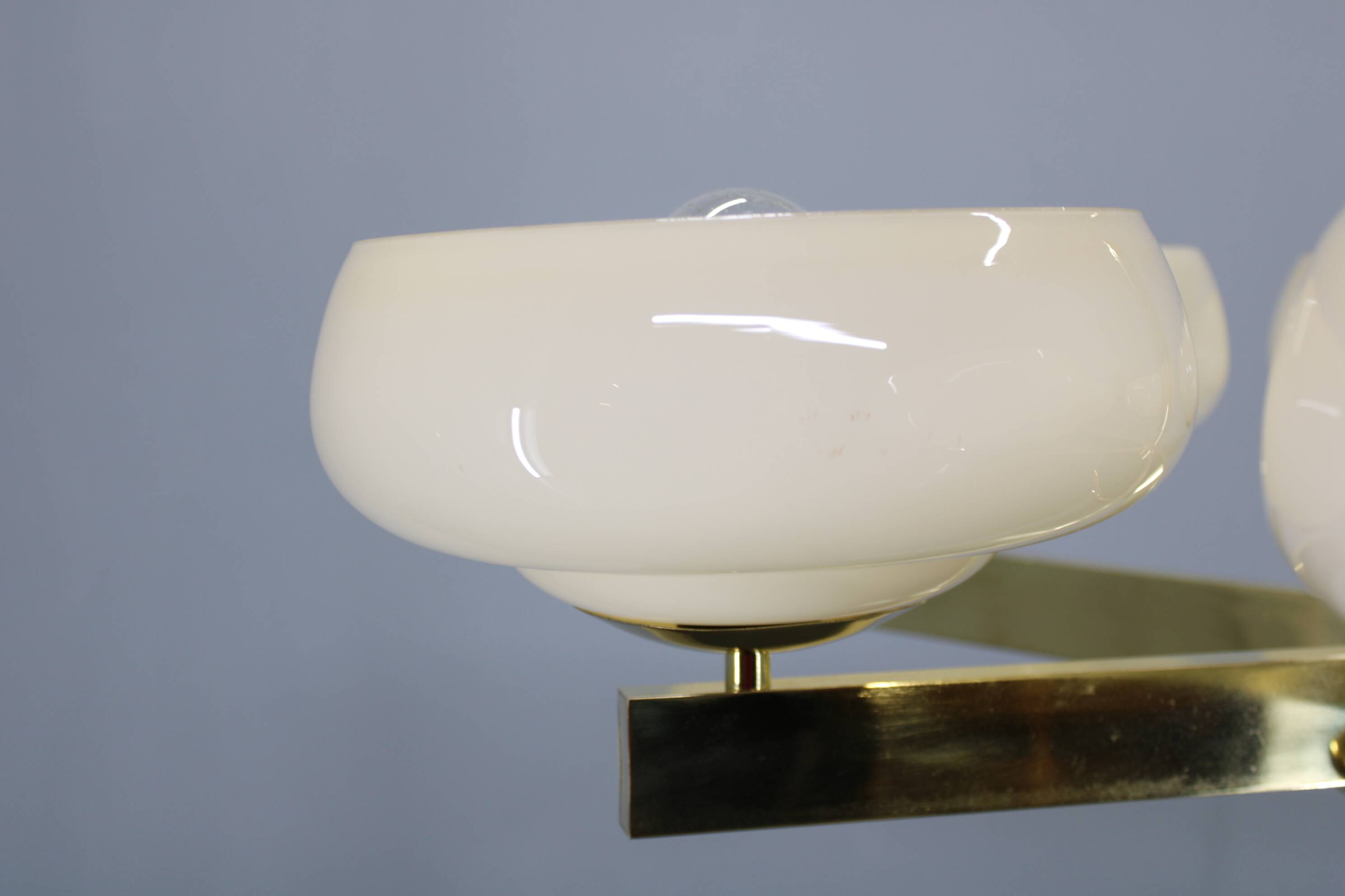 Art Deco brass chandelier with opaline glass, Czechoslovakia, 1930s
