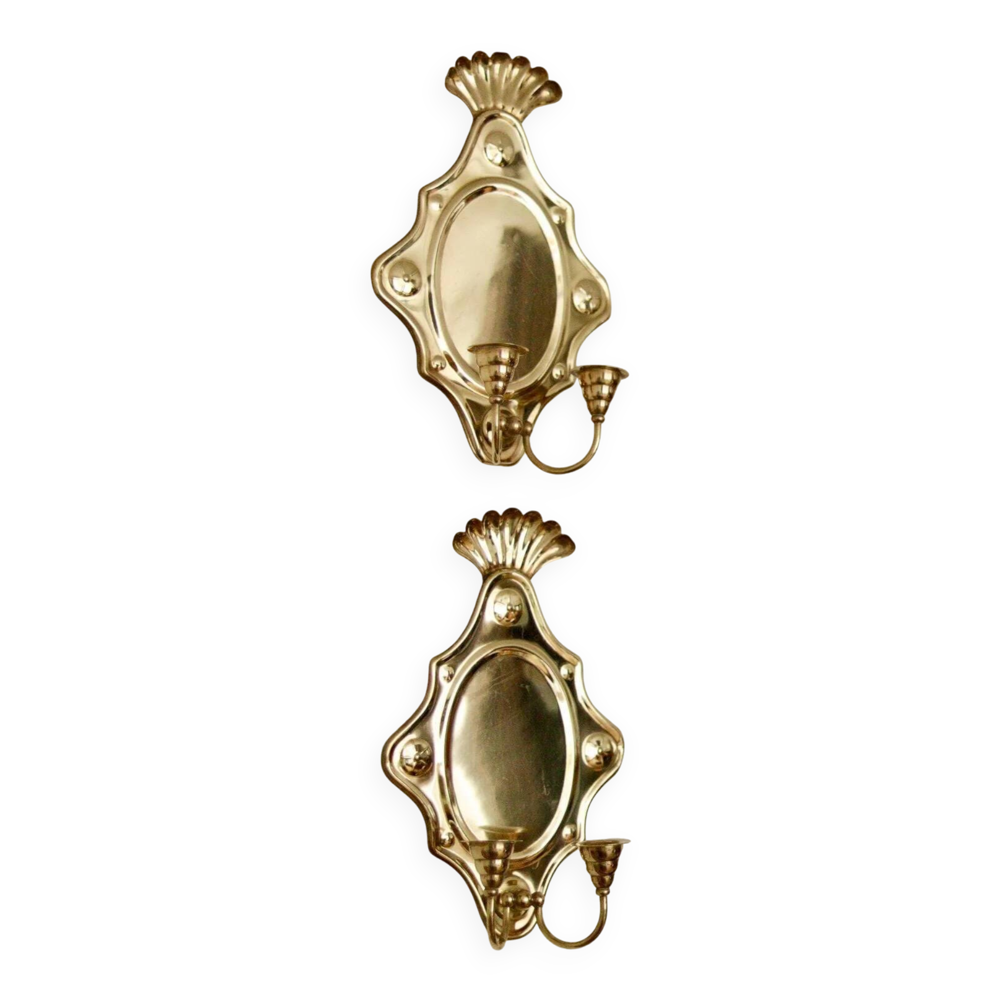 Large Swedish brass wall sconces in mid-century baroque style.