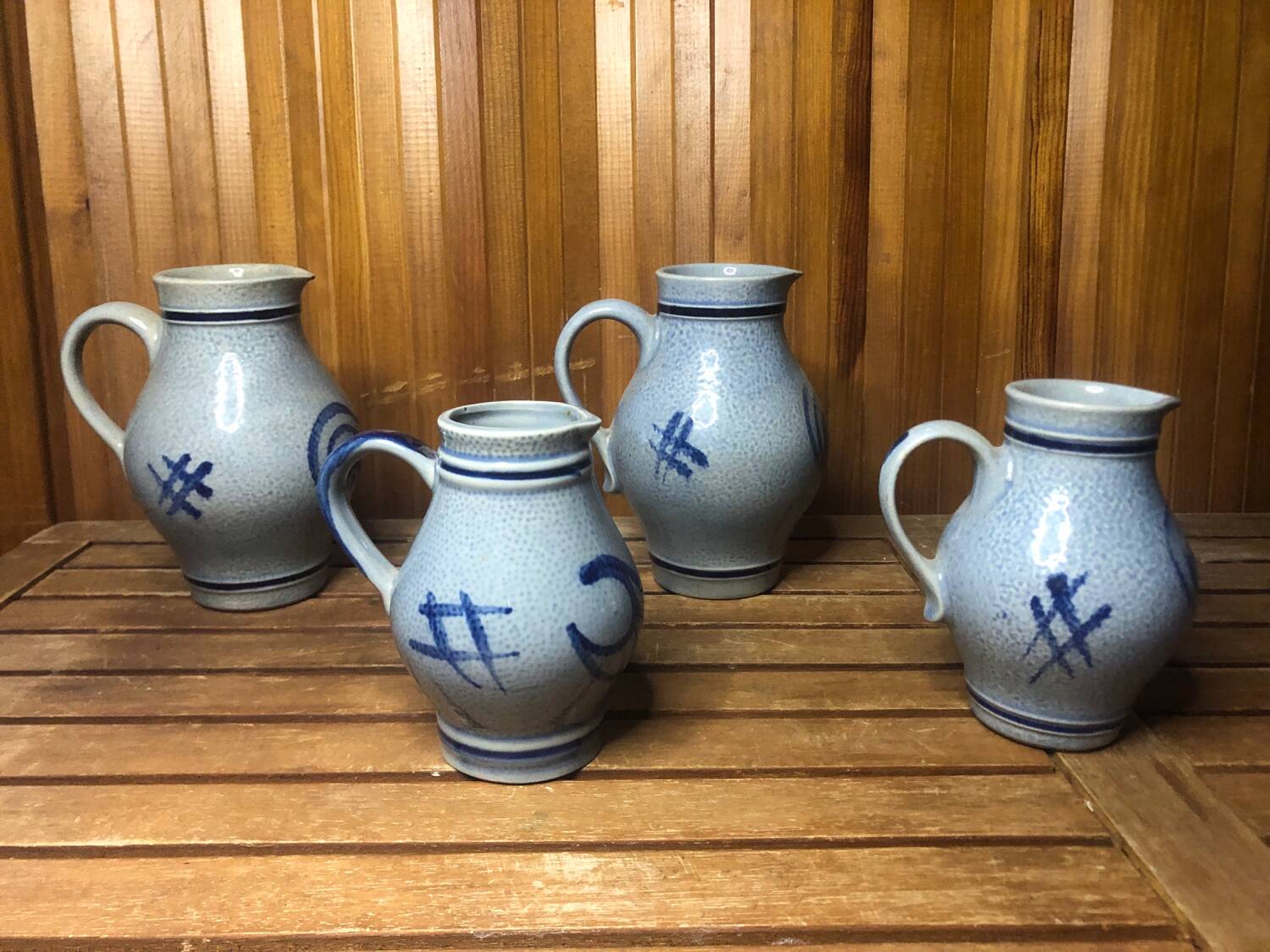 Set of 4 blue ceramic pitchers 25 & 50cl vintage