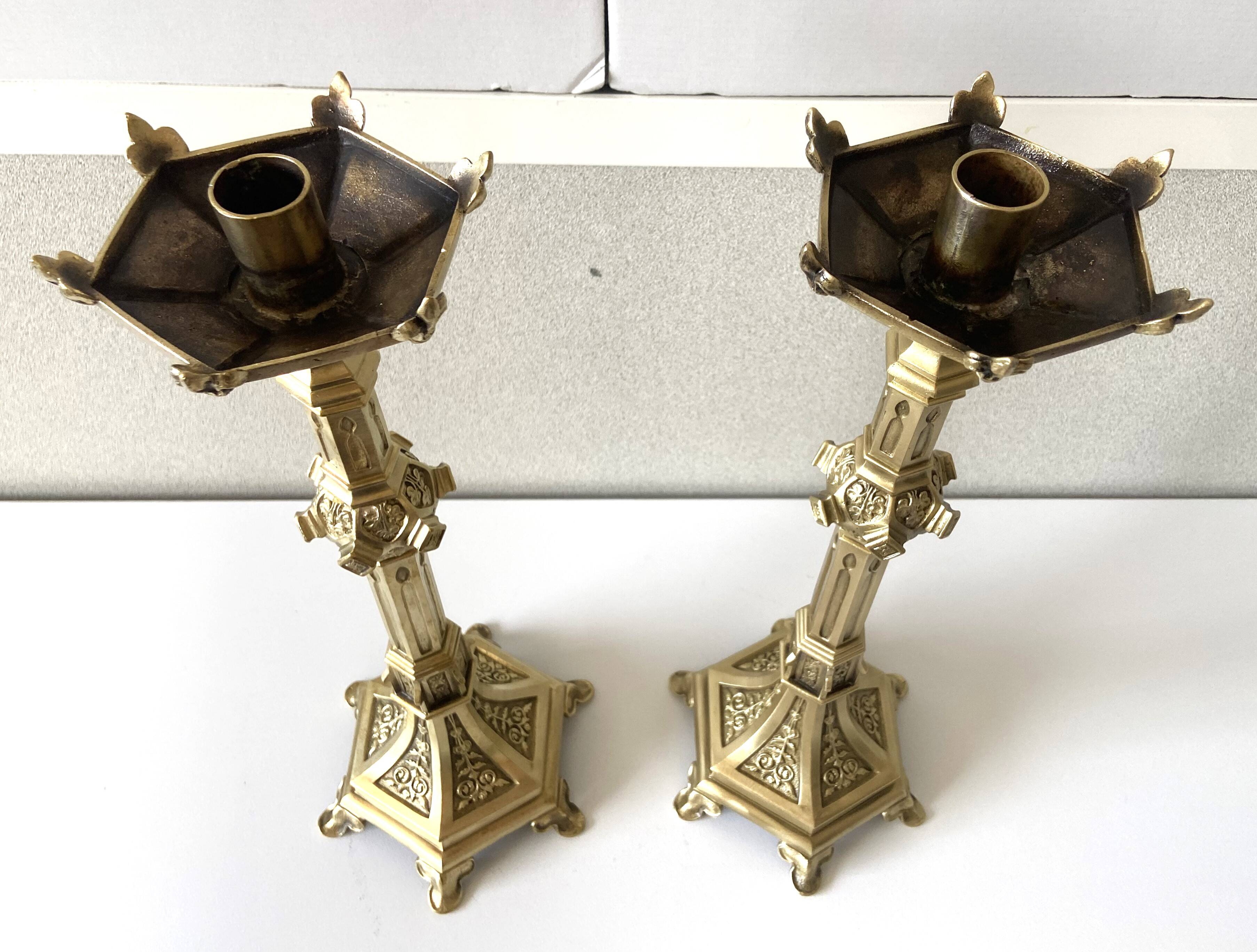 Pair of Antique Gothic Revival Candle Holders in Gold Bronze