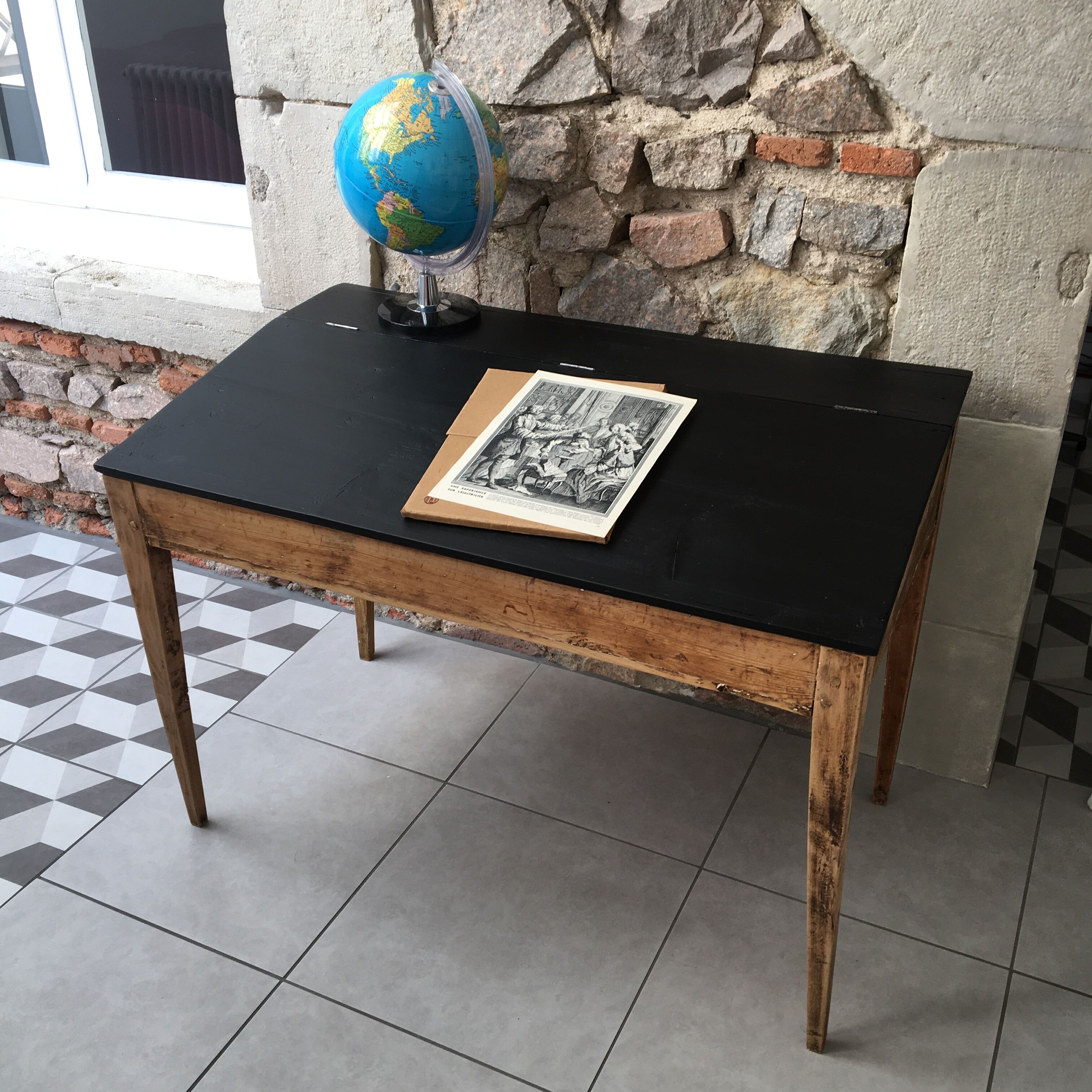 adult-sized desk with black flap & raw natural