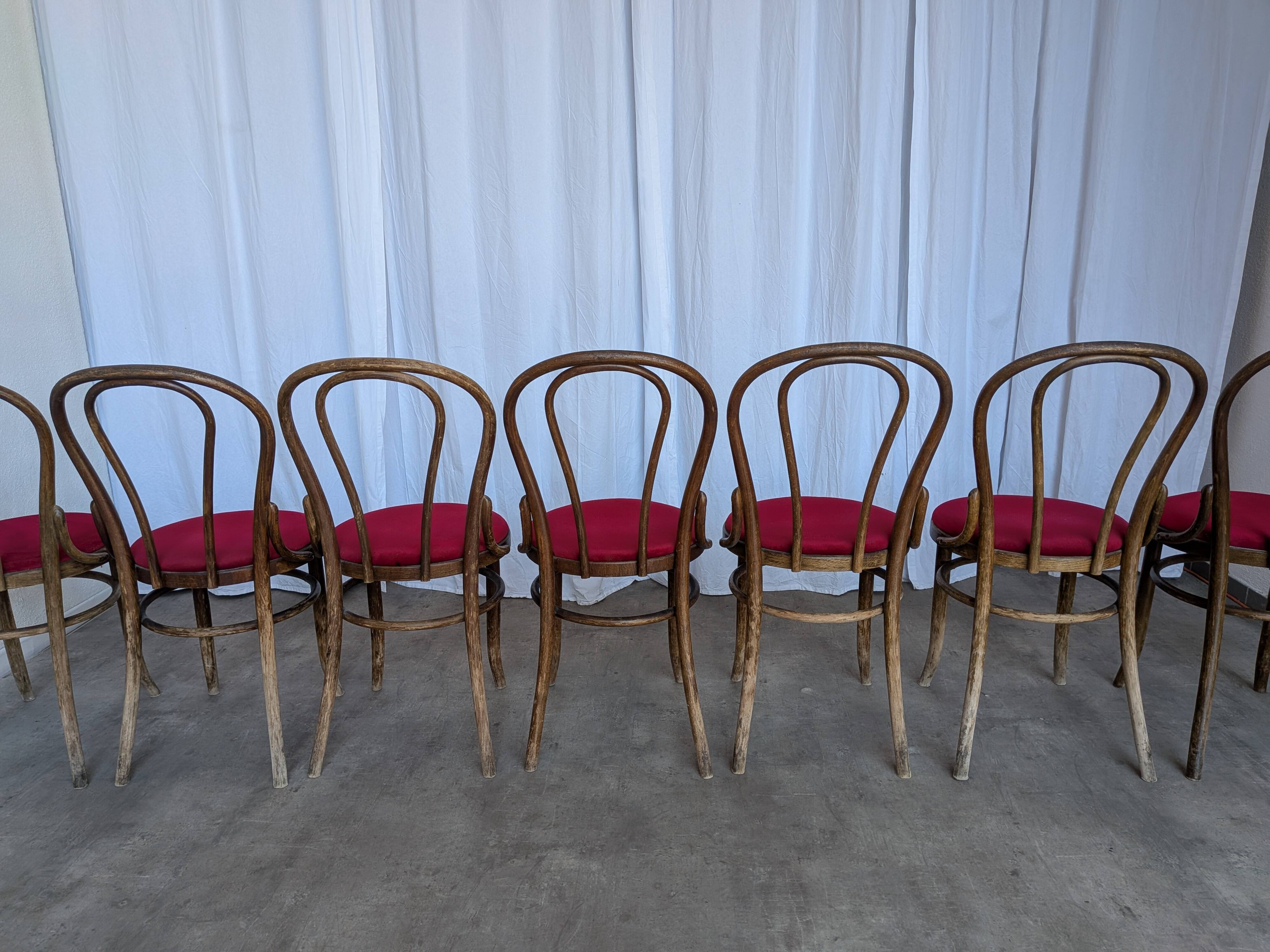 Set of 8 Vintage Bentwood Bistro Chairs: Red Upholstery