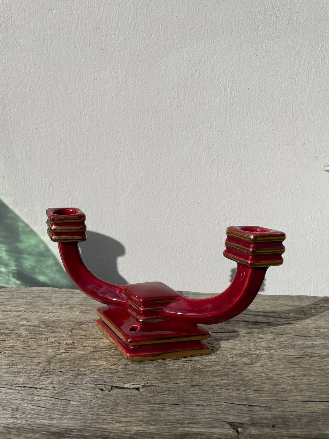 Art Deco burgundy red ceramic candlestick