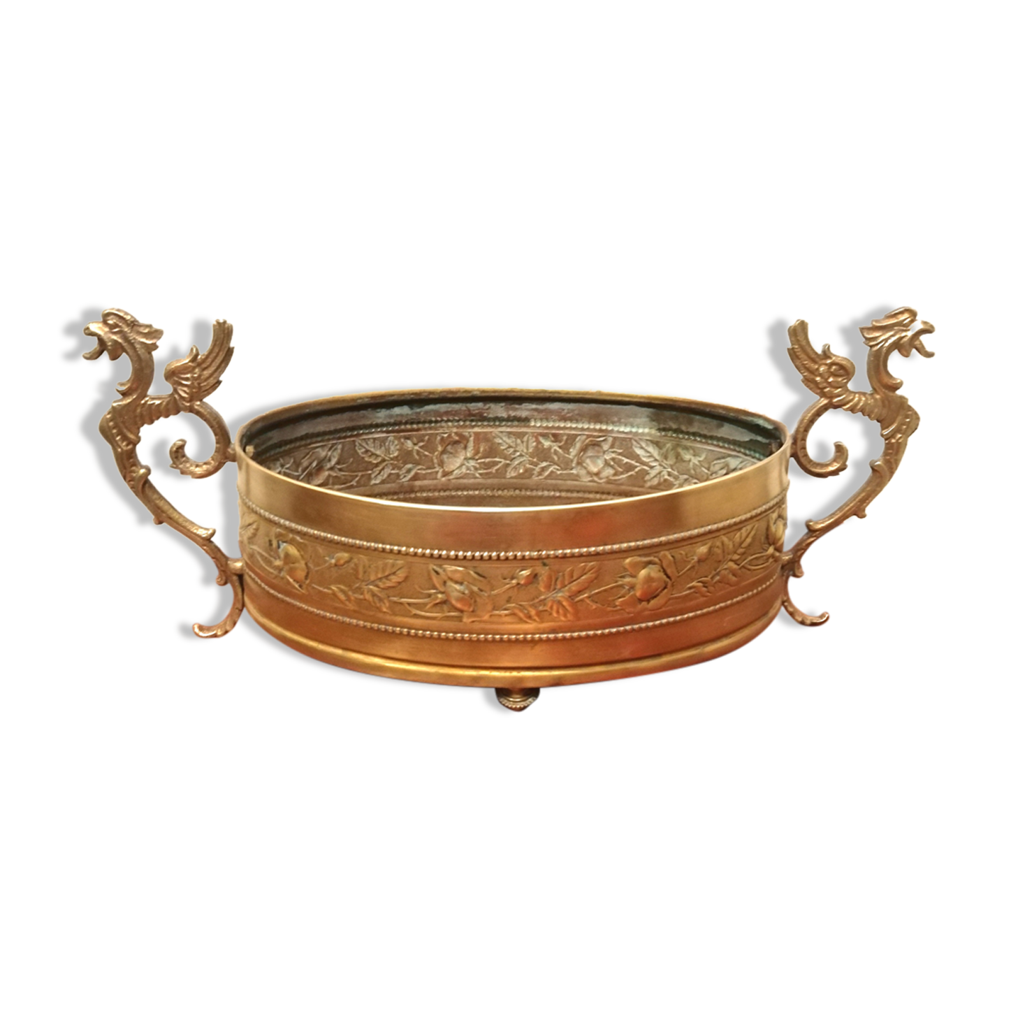 Repulsed brass planter with dragon-shaped handles
