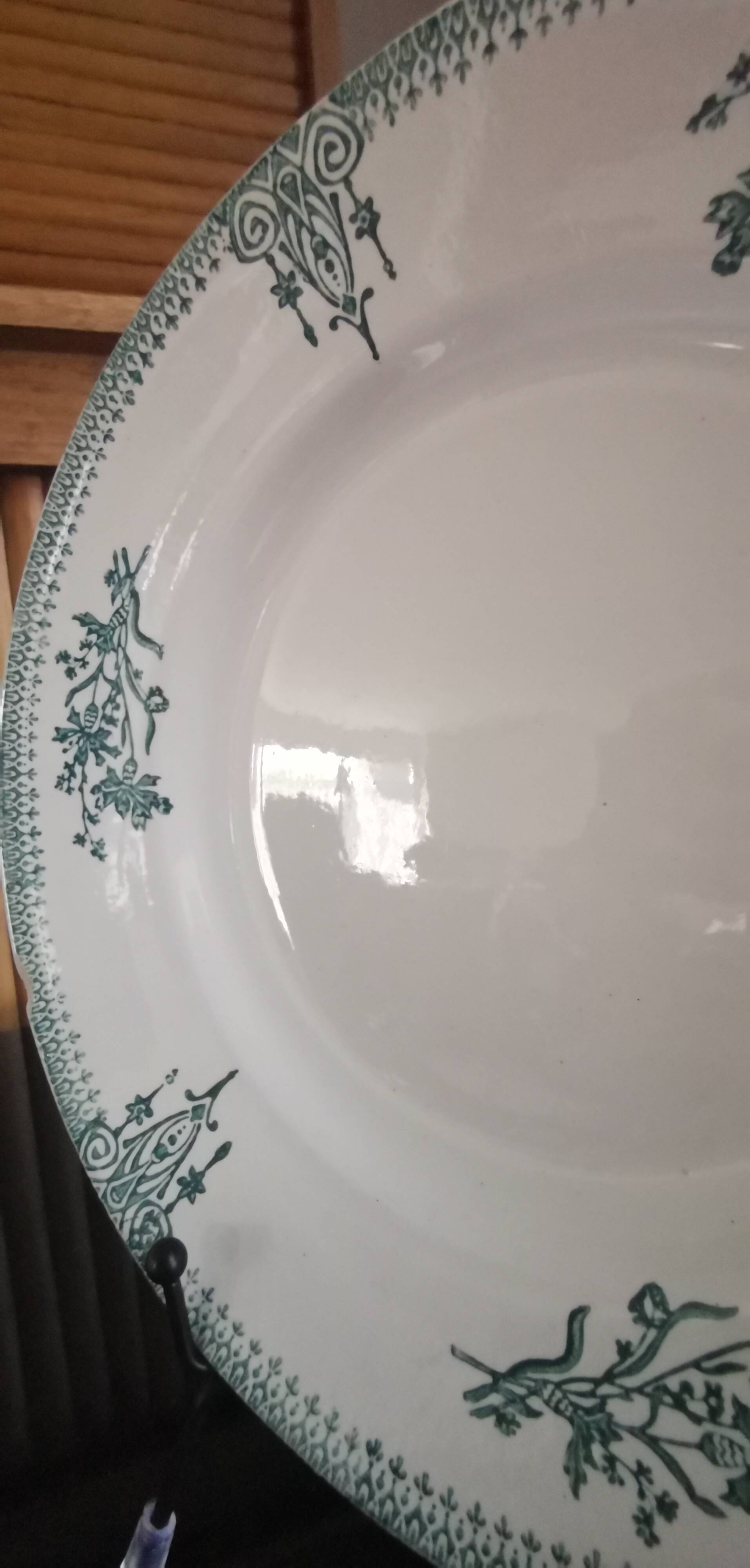 6 old mismatched deep plates Terre de Fer, glass and blue colors