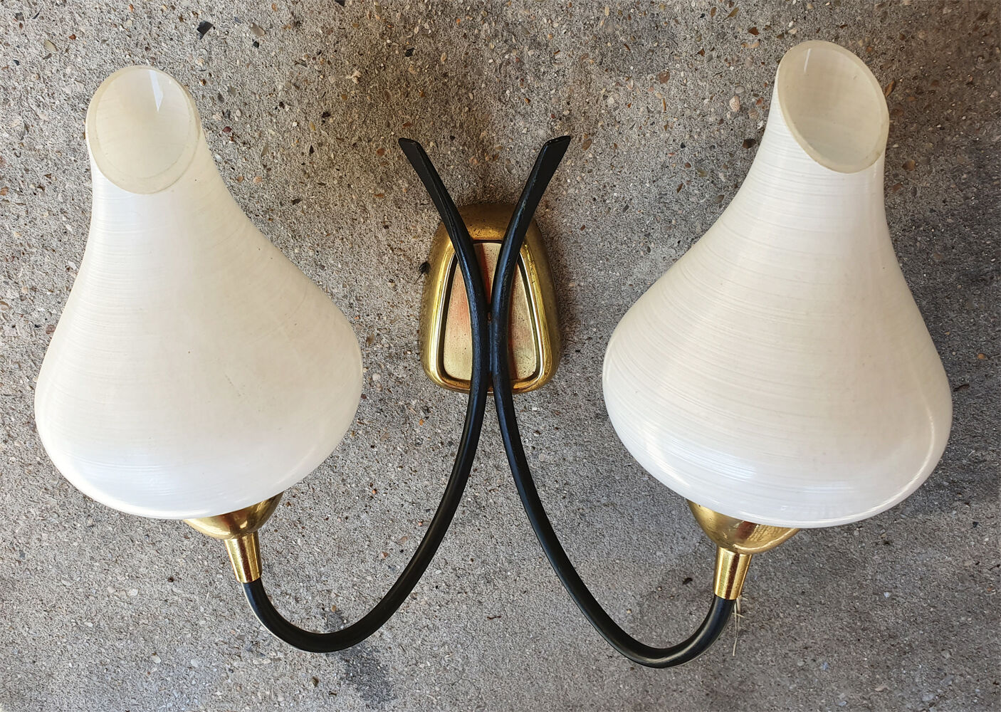 Pair vintage sconces, brass, steel and opaline 1950