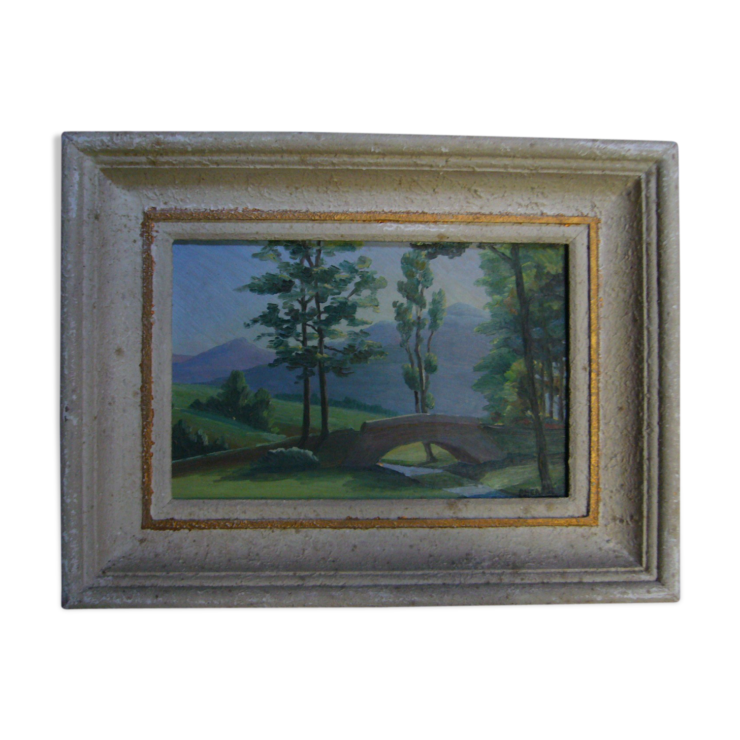 Signed old framed painting depicting a country landscape