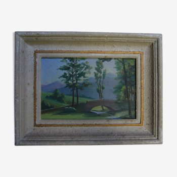 Signed old framed painting depicting a country landscape