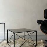 Isosceles coffee table in wired metal and black smoked glass, Max Sauze design 1970