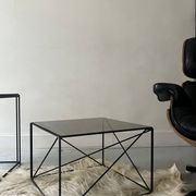Isosceles coffee table in wire metal and black smoked glass, Max Sauze design 1970
