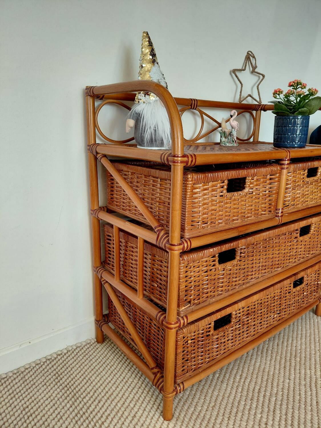 Commode vintage en rotin 4 tiroirs-esprit bohème-bord de mer