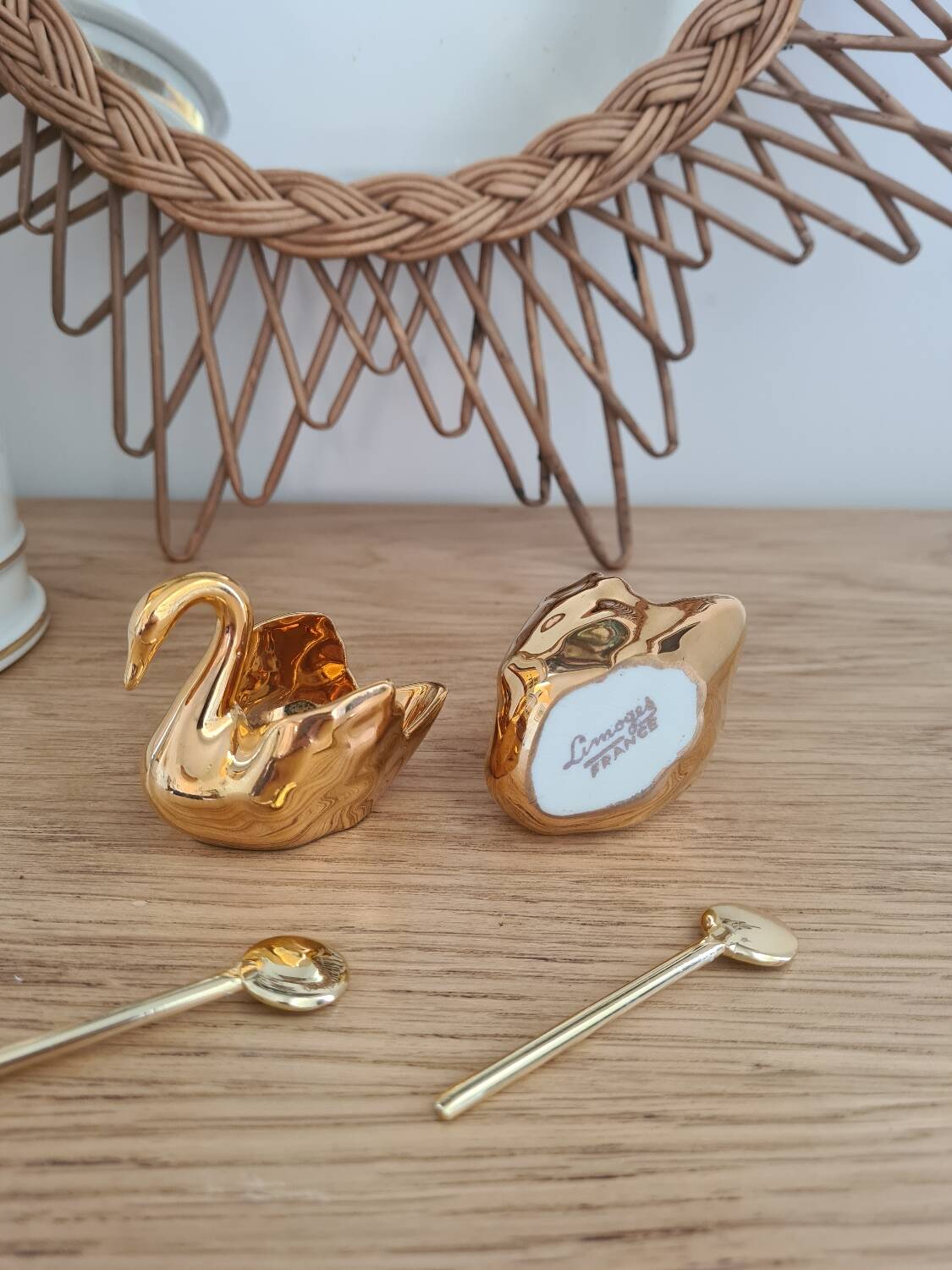 Duo of fine gold Limoges porcelain swan salt cellars