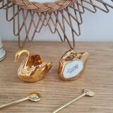 Duo of fine gold Limoges porcelain swan salt cellars