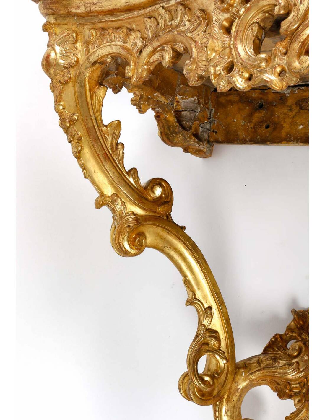 Console in Carved and Gilded Wood, Marble Top, 18th Century.