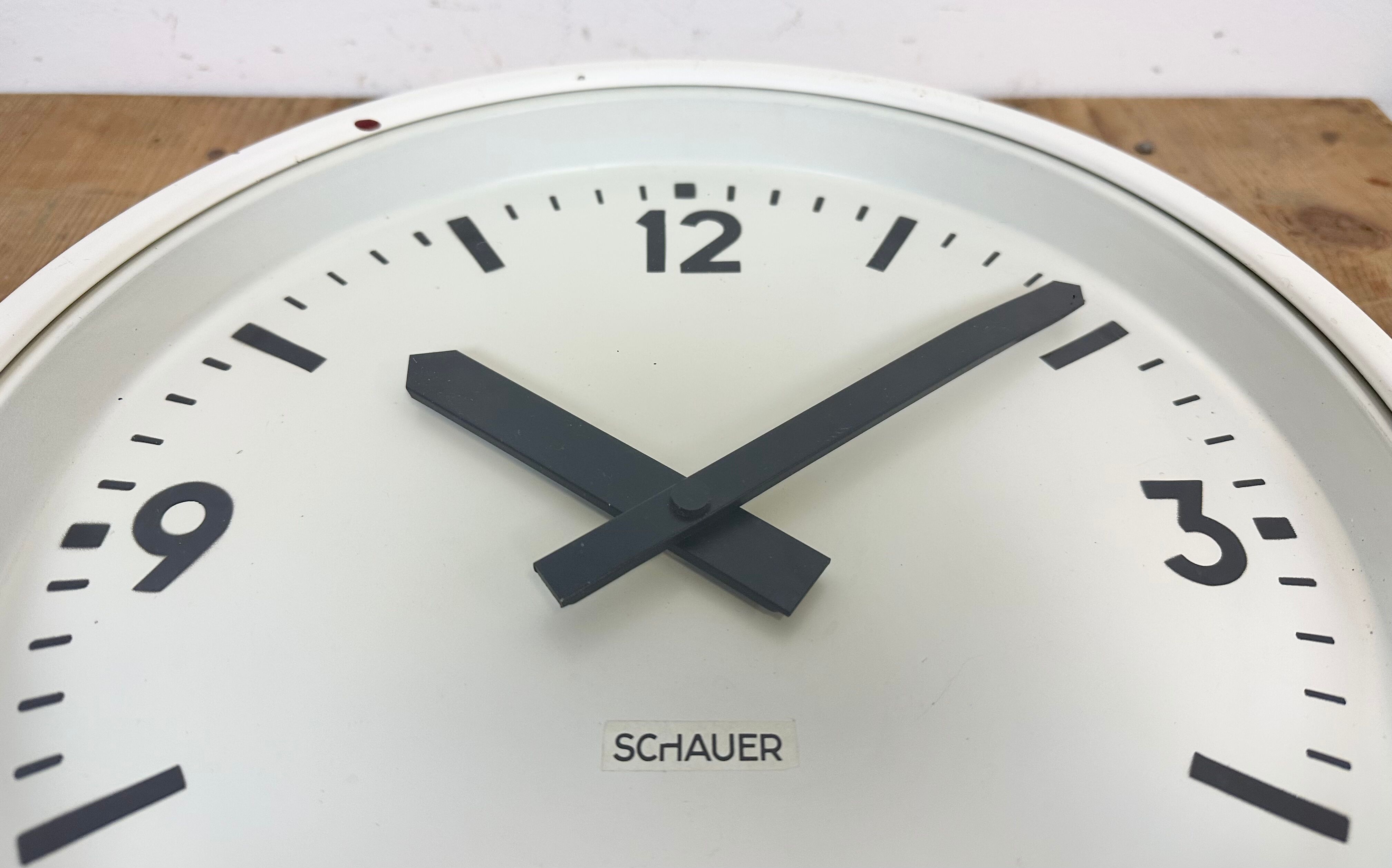 White industrial austrian factory wall clock from Schauer, 1960s