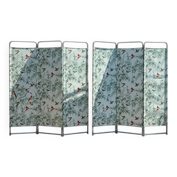 2 paravents 3 panneaux en tube métal et tissu des années 50