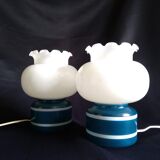 Pair of duck blue and white opaline lamps