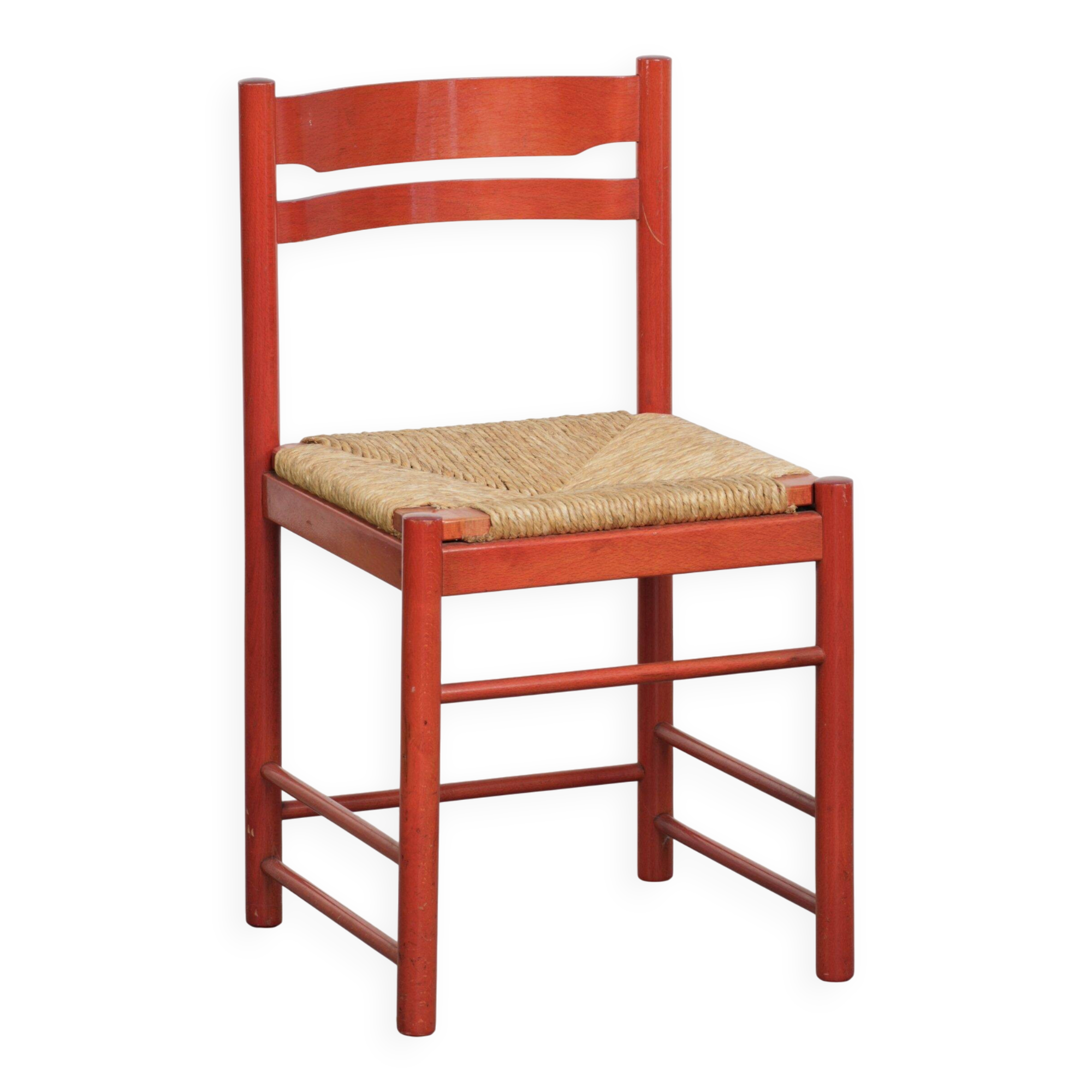 Red vintage wooden chair from the 1970s with a woven wicker seat