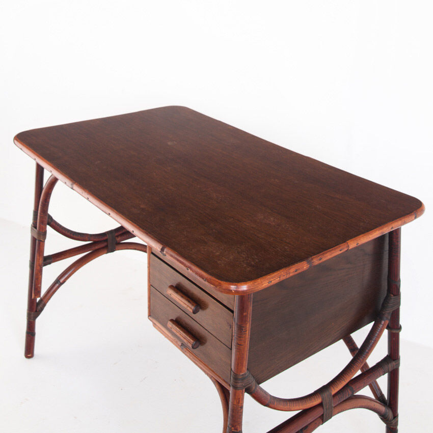 Bureau vintage en rotin et bois à tiroirs France années 1960