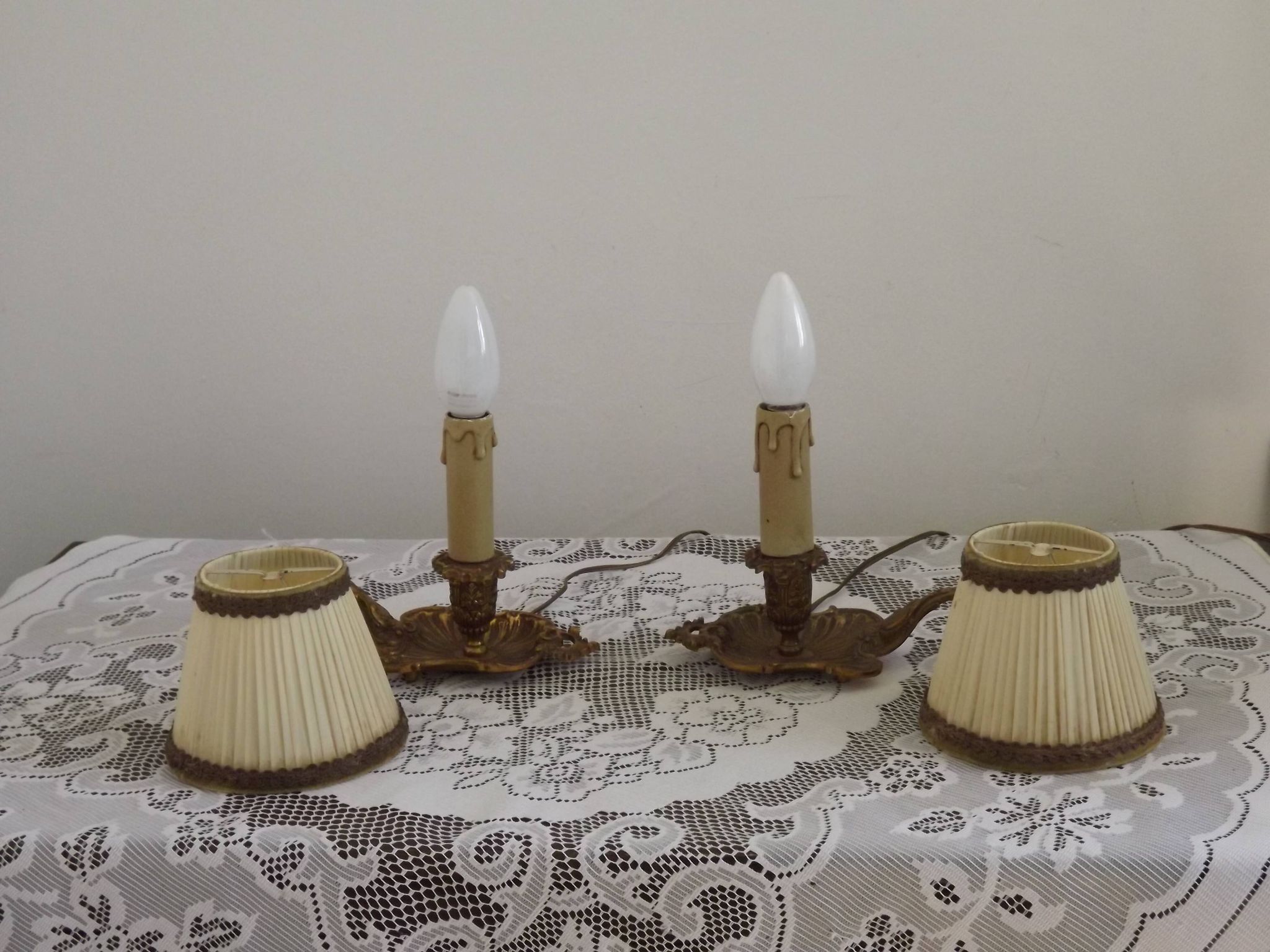 Pair Vintage French Bronze Candlestick Lamps Pleated Fabric Shades