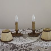 Pair Vintage French Bronze Candlestick Lamps Pleated Fabric Shades