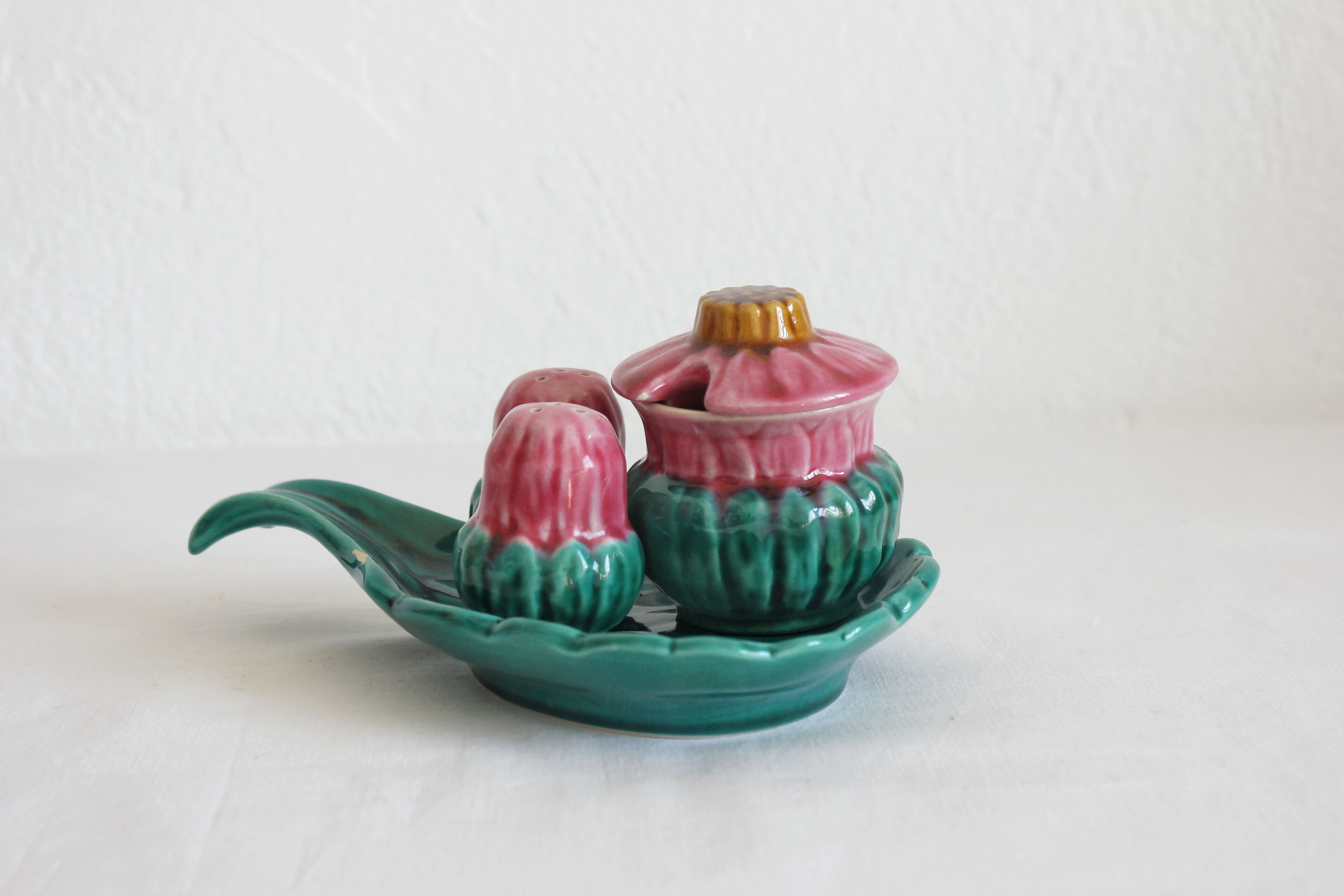 Set with salt, pepper and mustard condiments in vintage slurry