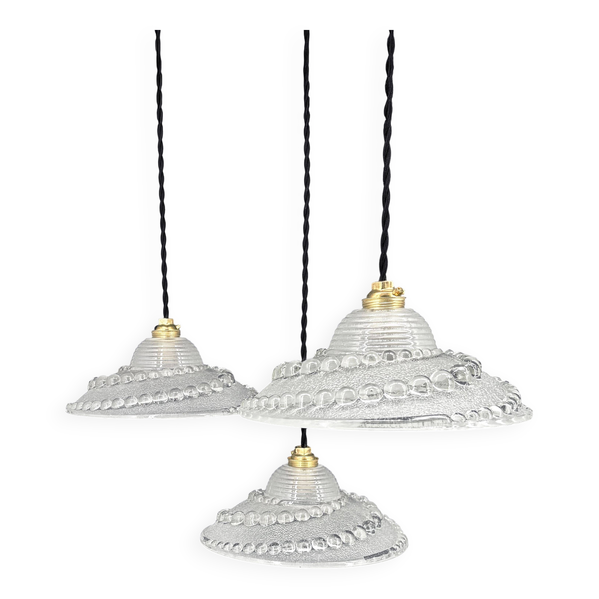 Set of 3 moulded glass pendant lights with cabochons, Art Deco style Ezan.