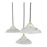 Set of 3 moulded glass pendant lights with cabochons, Art Deco style Ezan.
