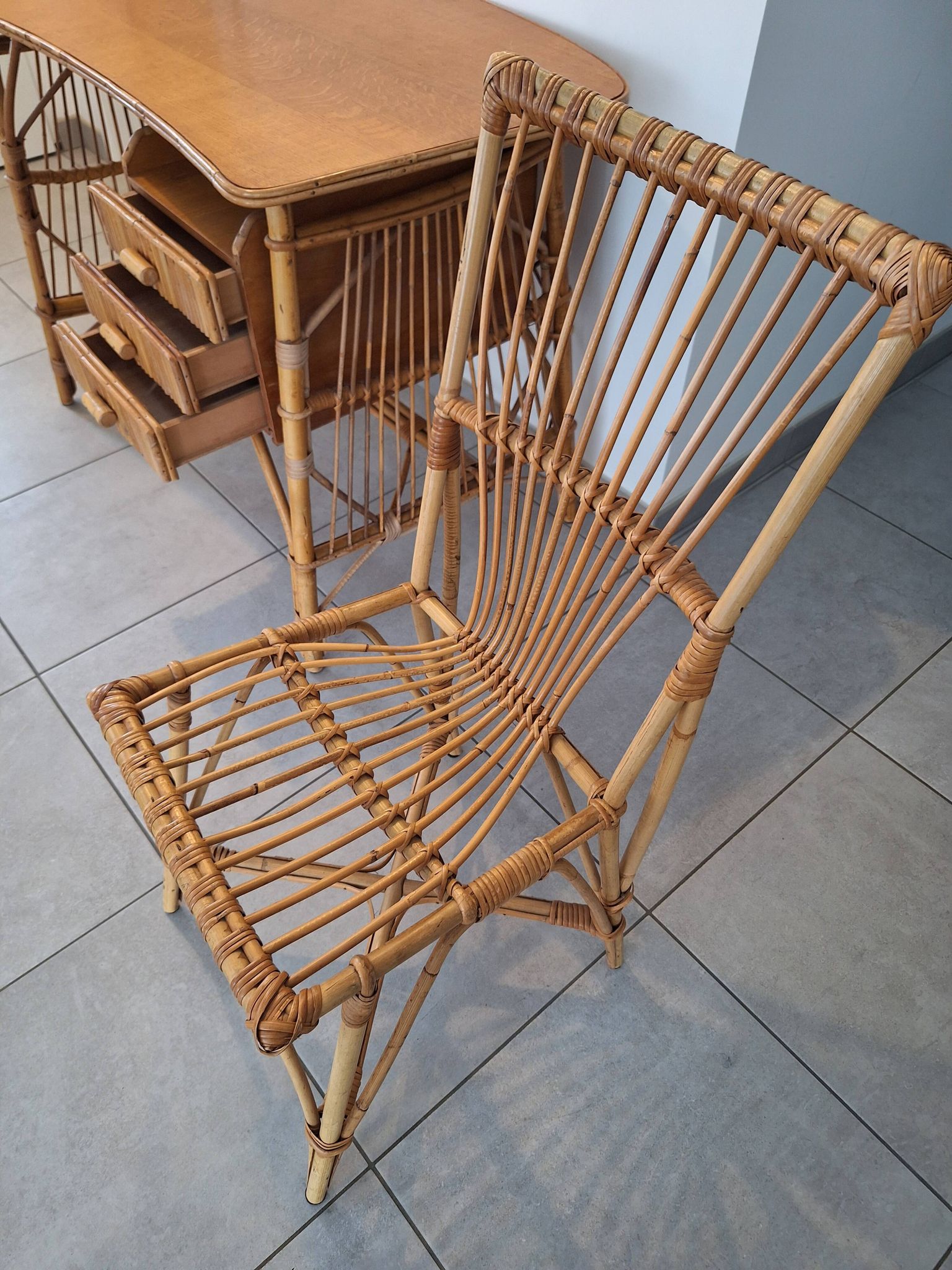 Rattan and bamboo desk with chair - Audoux Minet style from the 1970s.