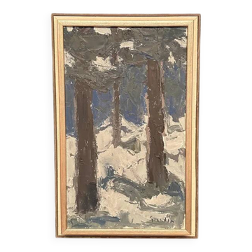 Huile sur panneau vintage suédois d'origine – “Tre träd” par Svän Grandin – Signé – Vintage et encadré