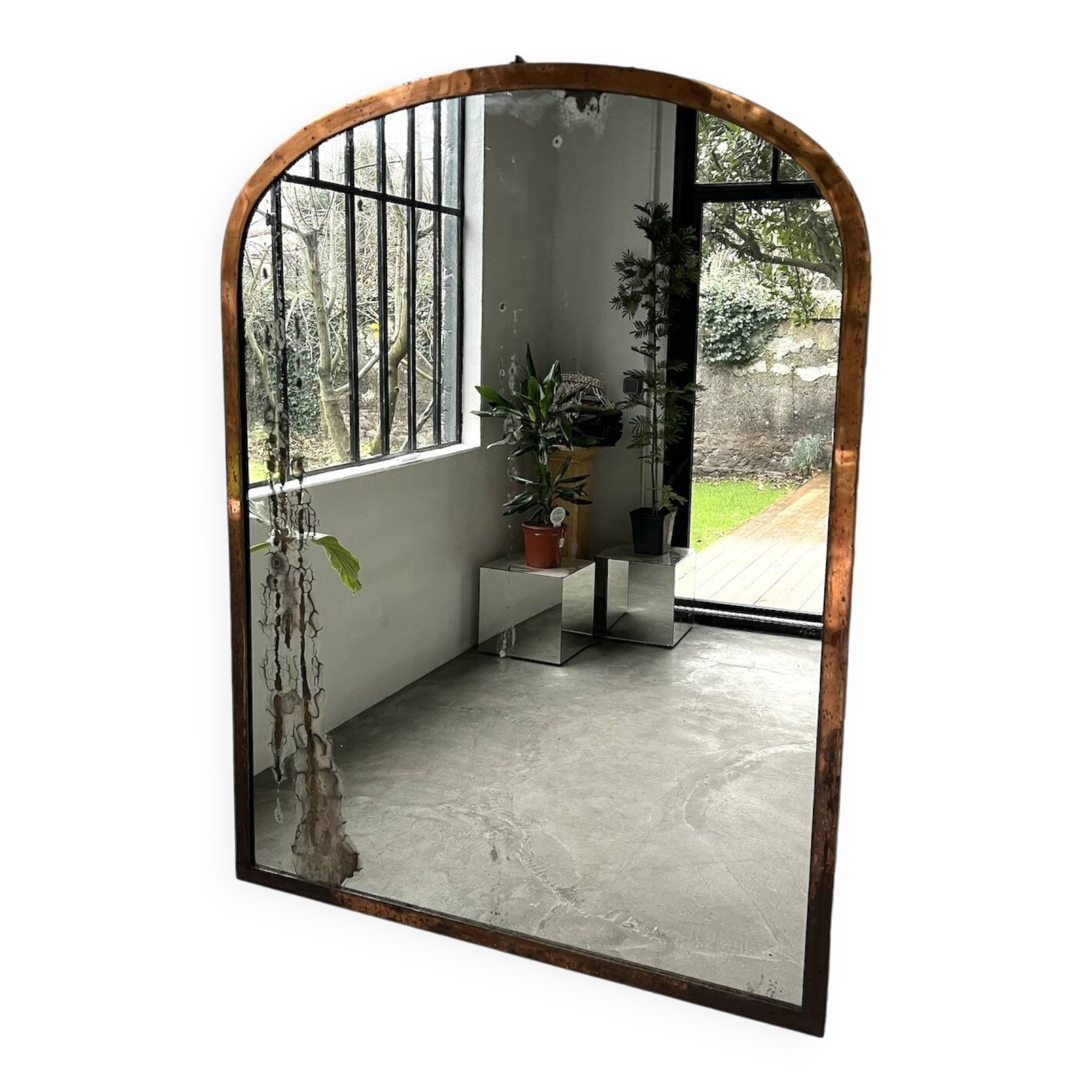 Large antique mercury mirror in copper-plated metal, 1930