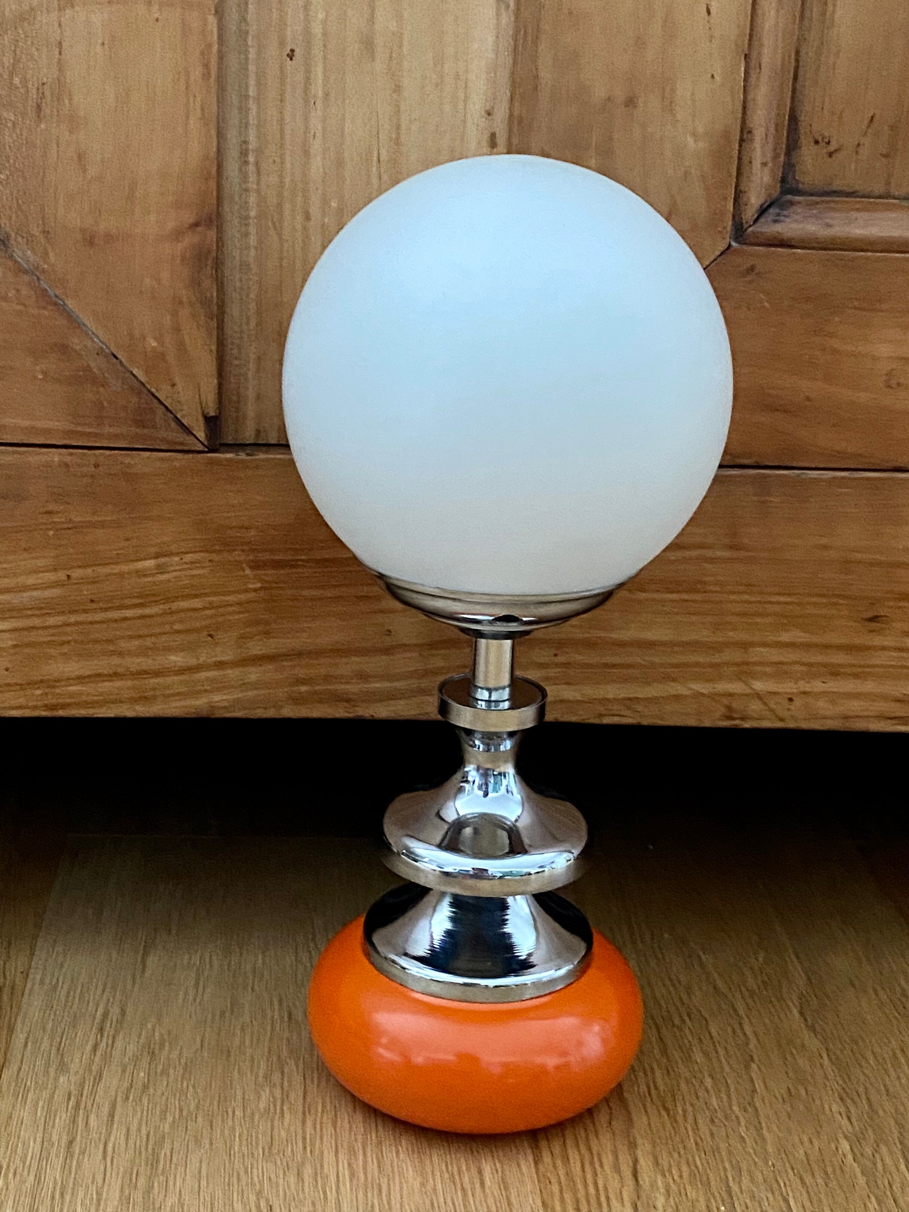 Vintage lamp opaline globe, wood turned orange and chrome 60s 70s