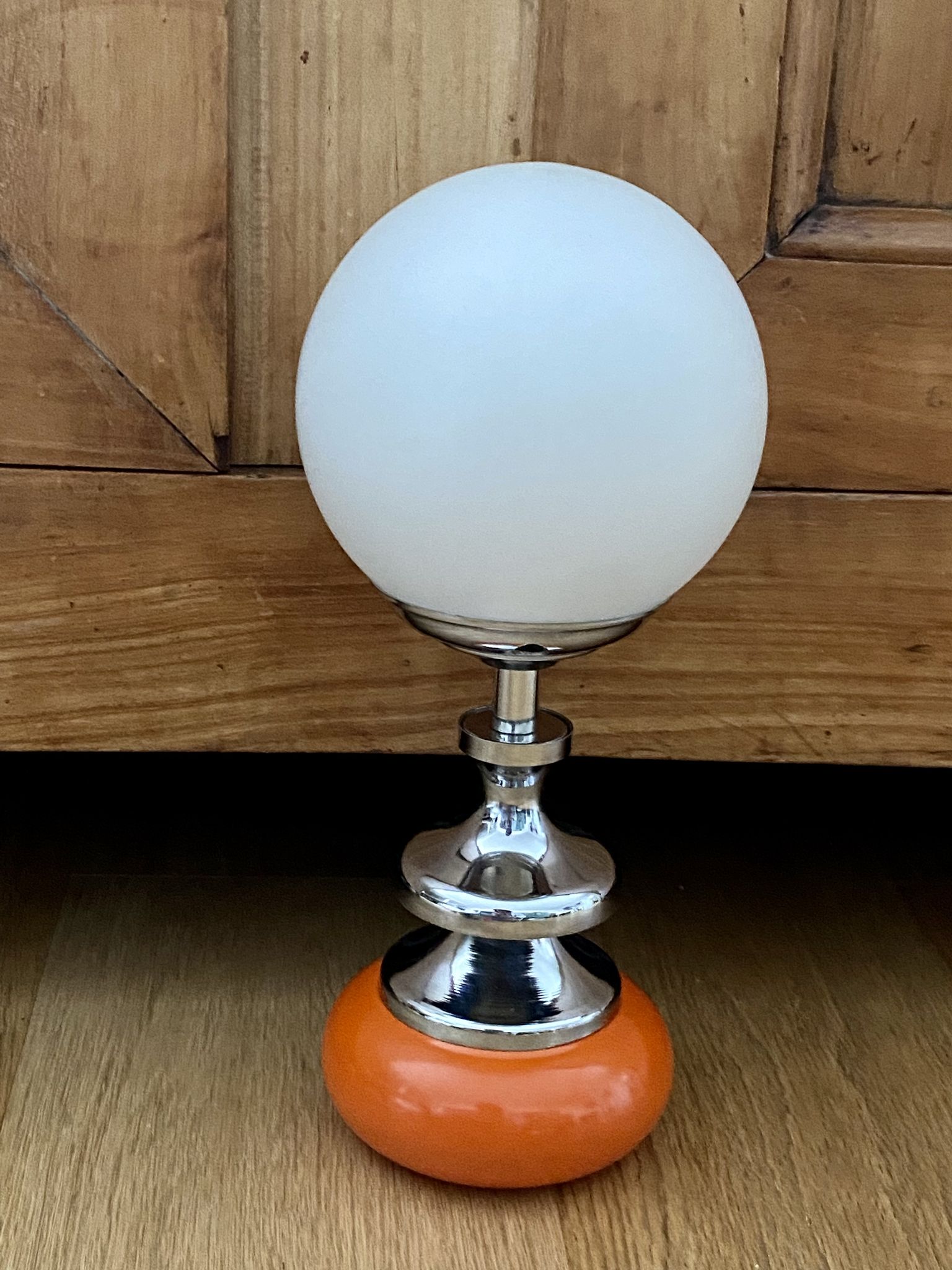 Vintage lamp opaline globe, wood turned orange and chrome 60s 70s