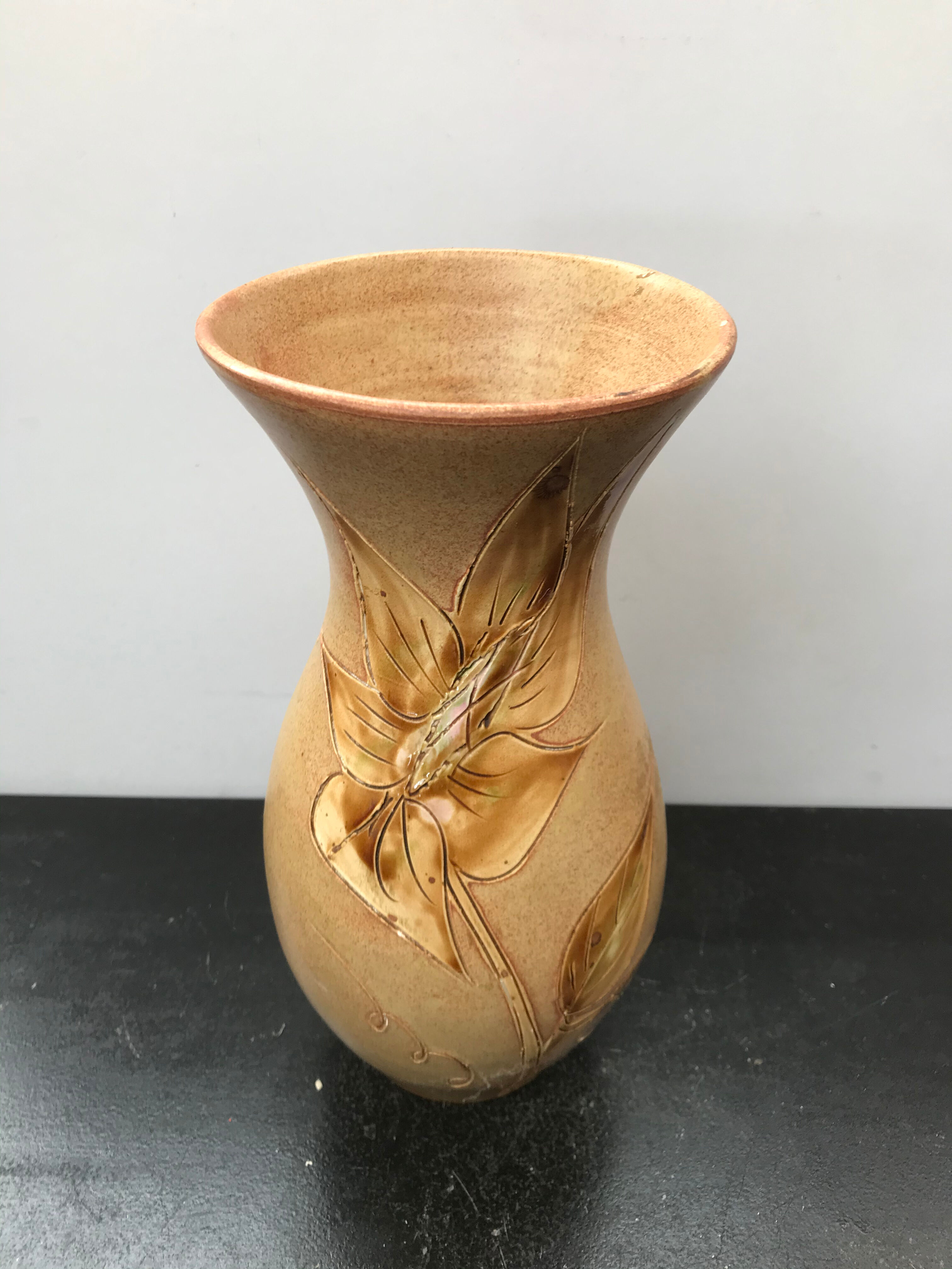 Old vase Vallauris ceramics beige decor vintage chiseled flowers