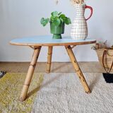 Tripod coffee table – Rattan & Bamboo – Sky blue top – Vintage 60s