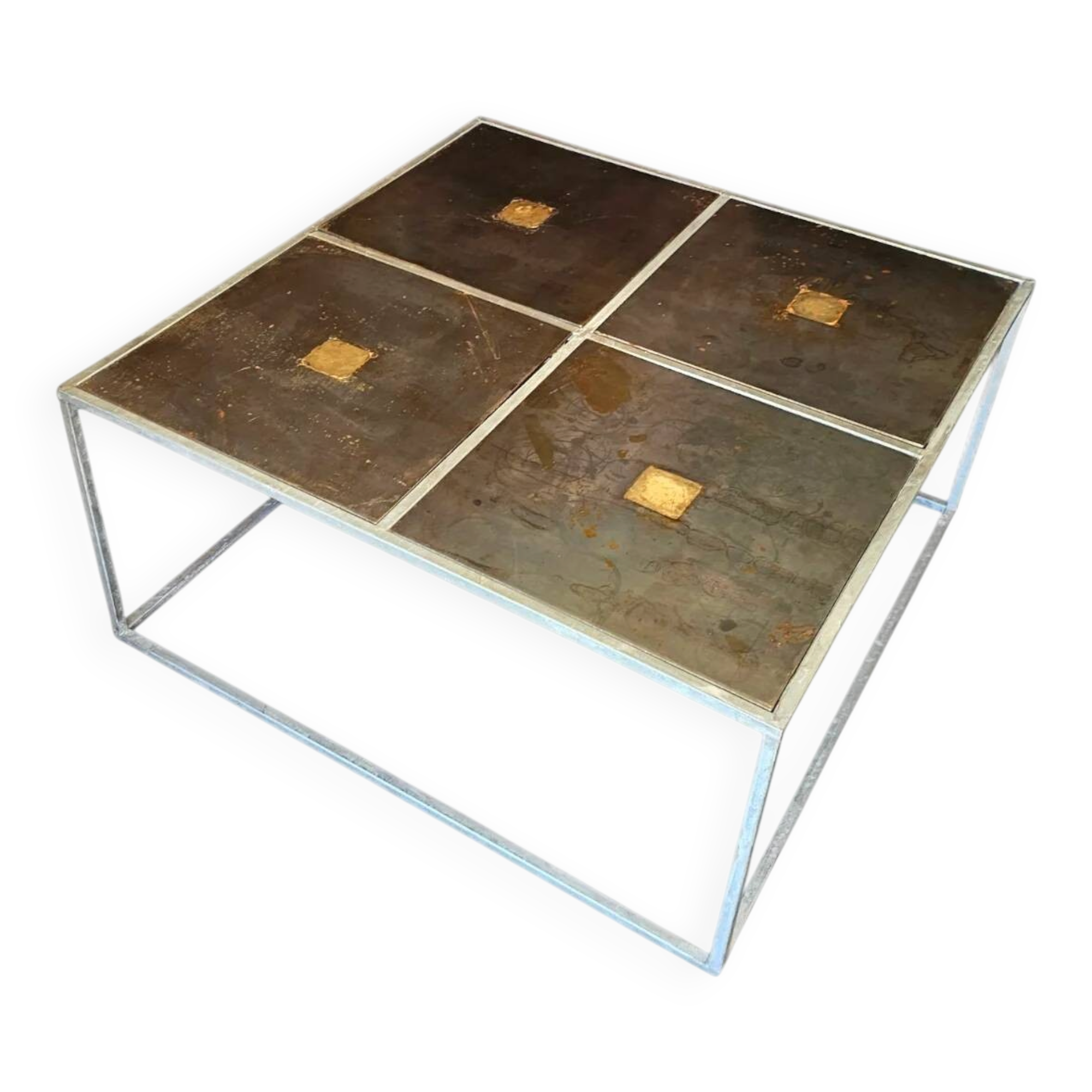 One of a kind brutalist coffee table 1980s with weighty metal / copper / steel tops