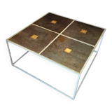 One of a kind brutalist coffee table 1980s with weighty metal / copper / steel tops