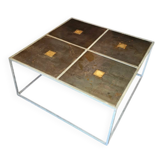One of a kind brutalist coffee table 1980s with weighty metal / copper / steel tops