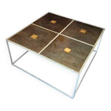 One of a kind brutalist coffee table 1980s with weighty metal / copper / steel tops