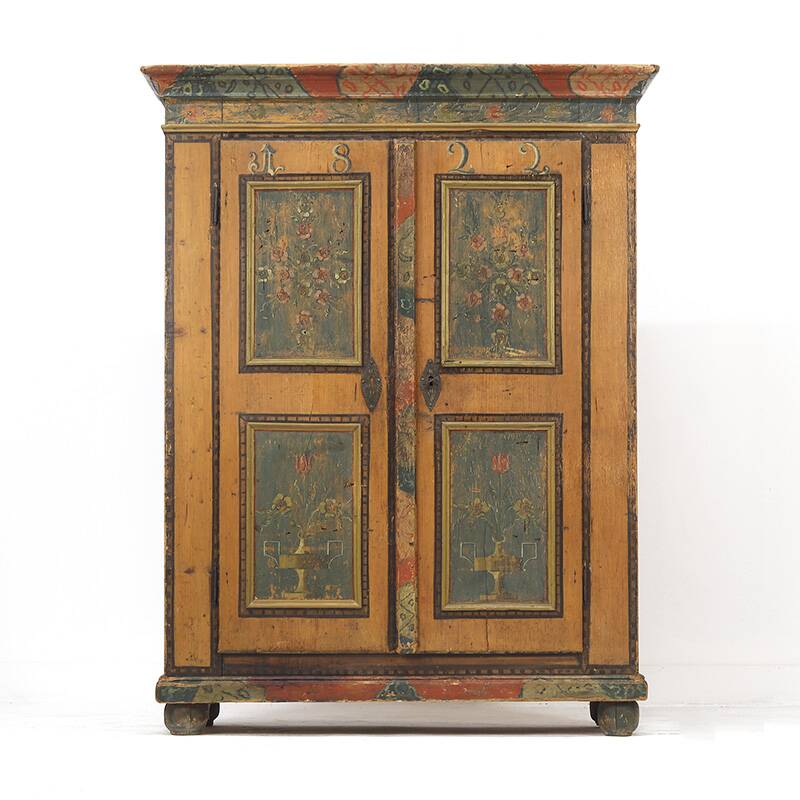 Antique Rustic Farmhouse Folk Art Painted Bridal Cabinet 1822